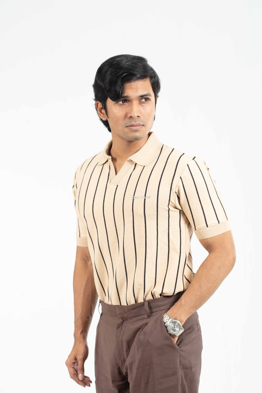 Brown & Black – V-neck Stripe Polo Shirt