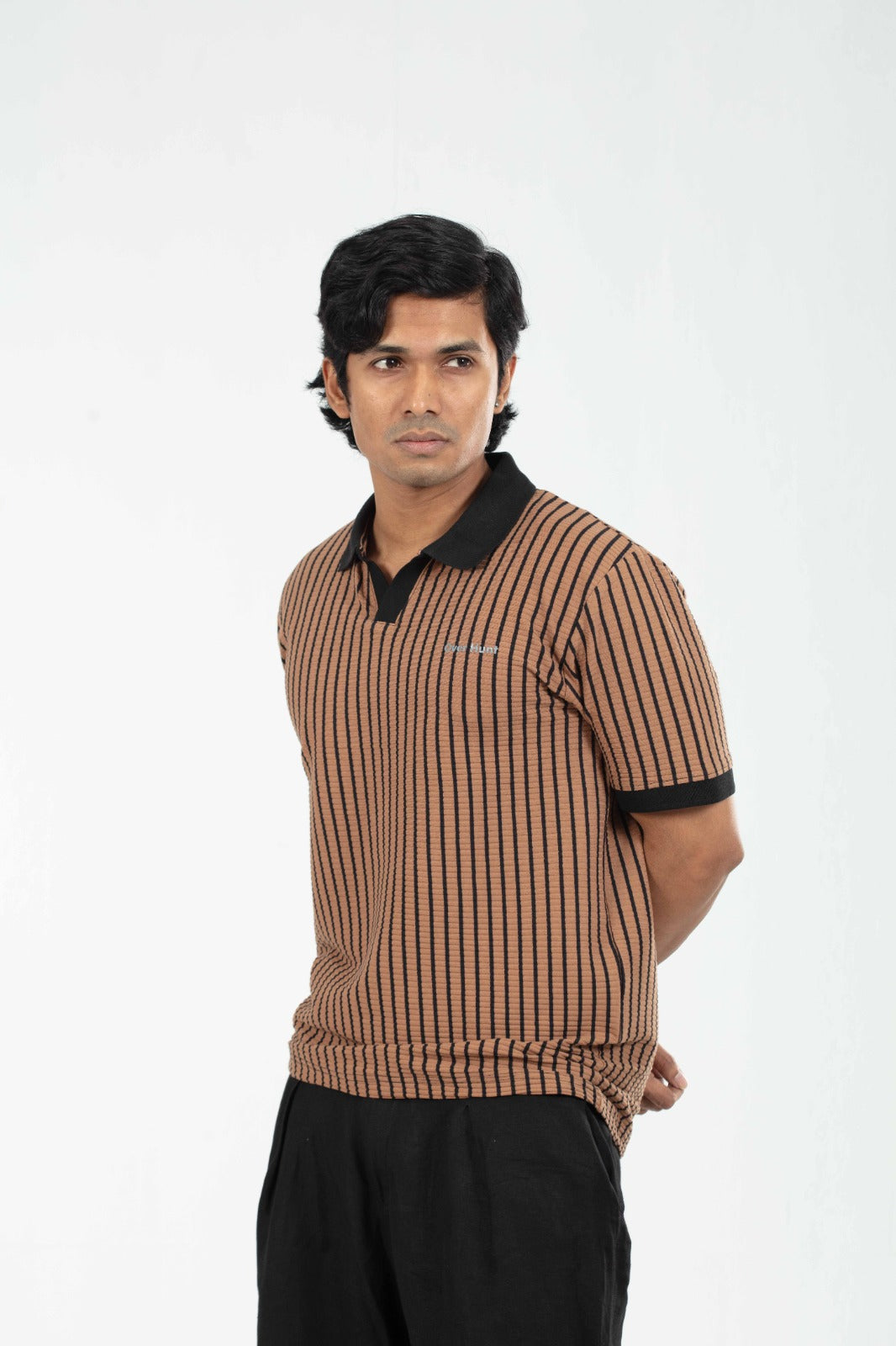 Coffee & Black – V-neck Stripe Polo Shirt