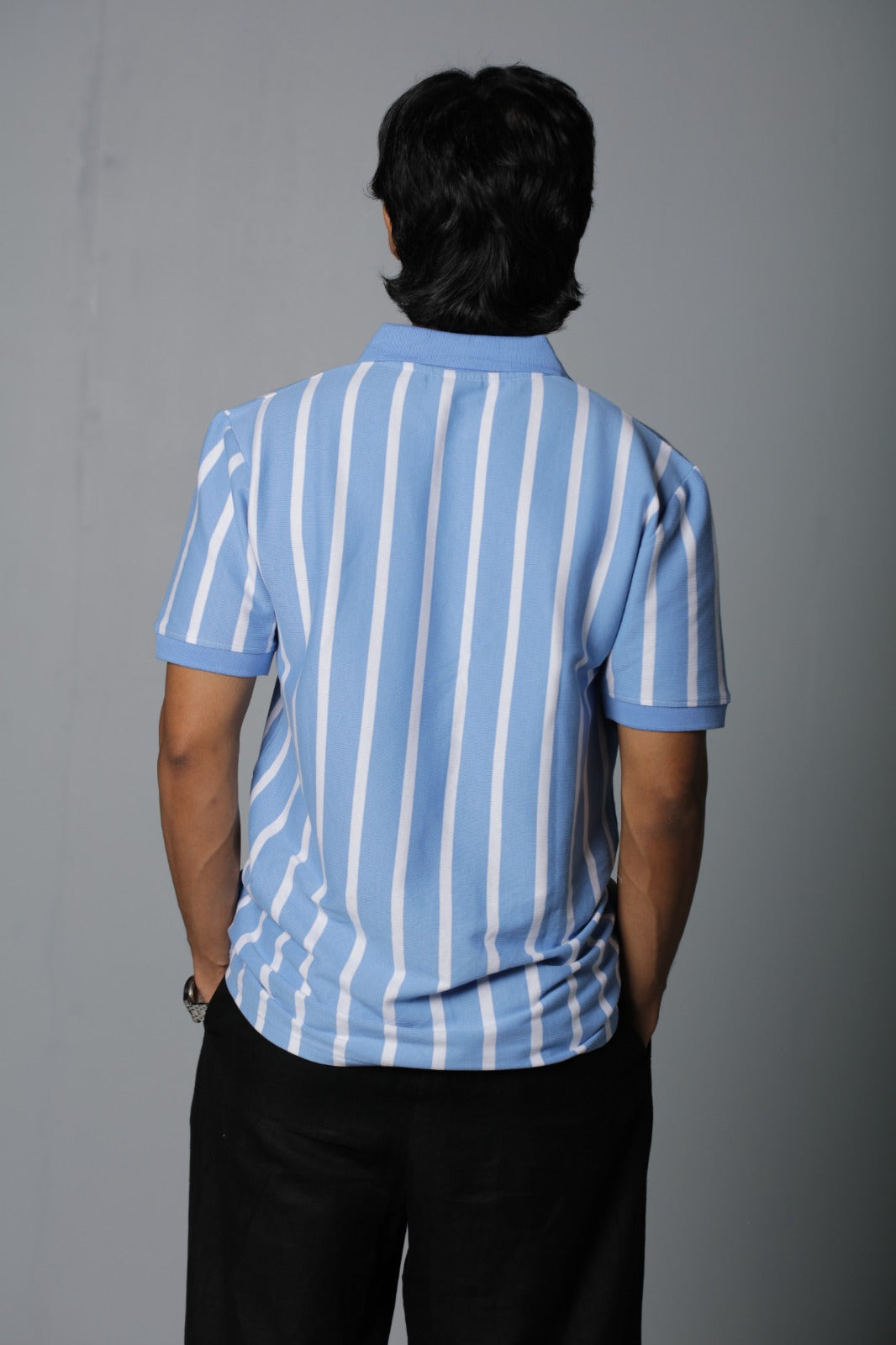 Deep Sky & White – V-neck Stripe Polo Shirt