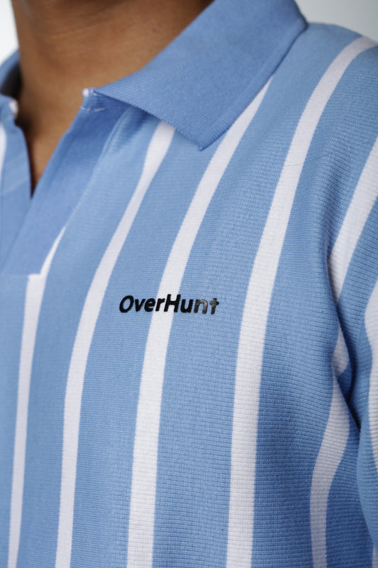 Deep Sky & White – V-neck Stripe Polo Shirt