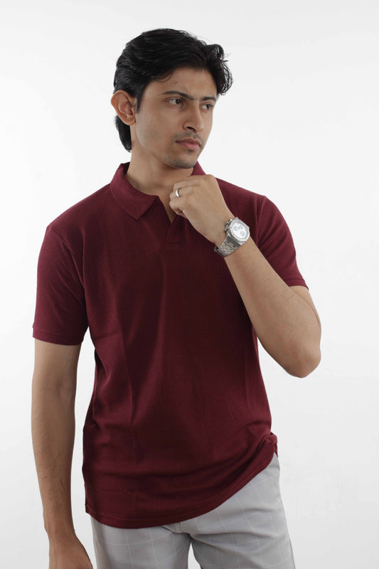 Maroon – V-neck Waffle Polo Shirt