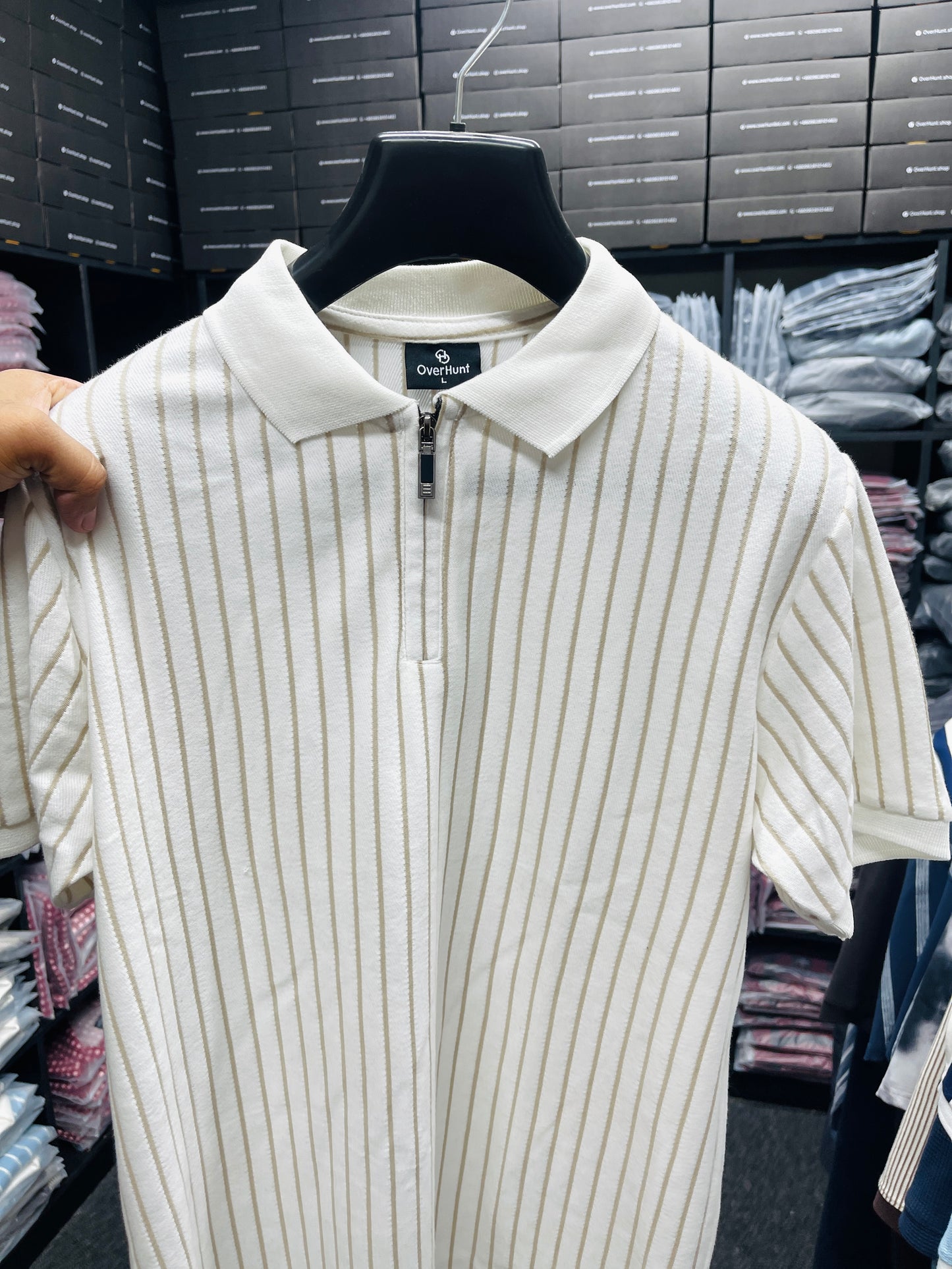 Zipper Polo - Off White & Beige