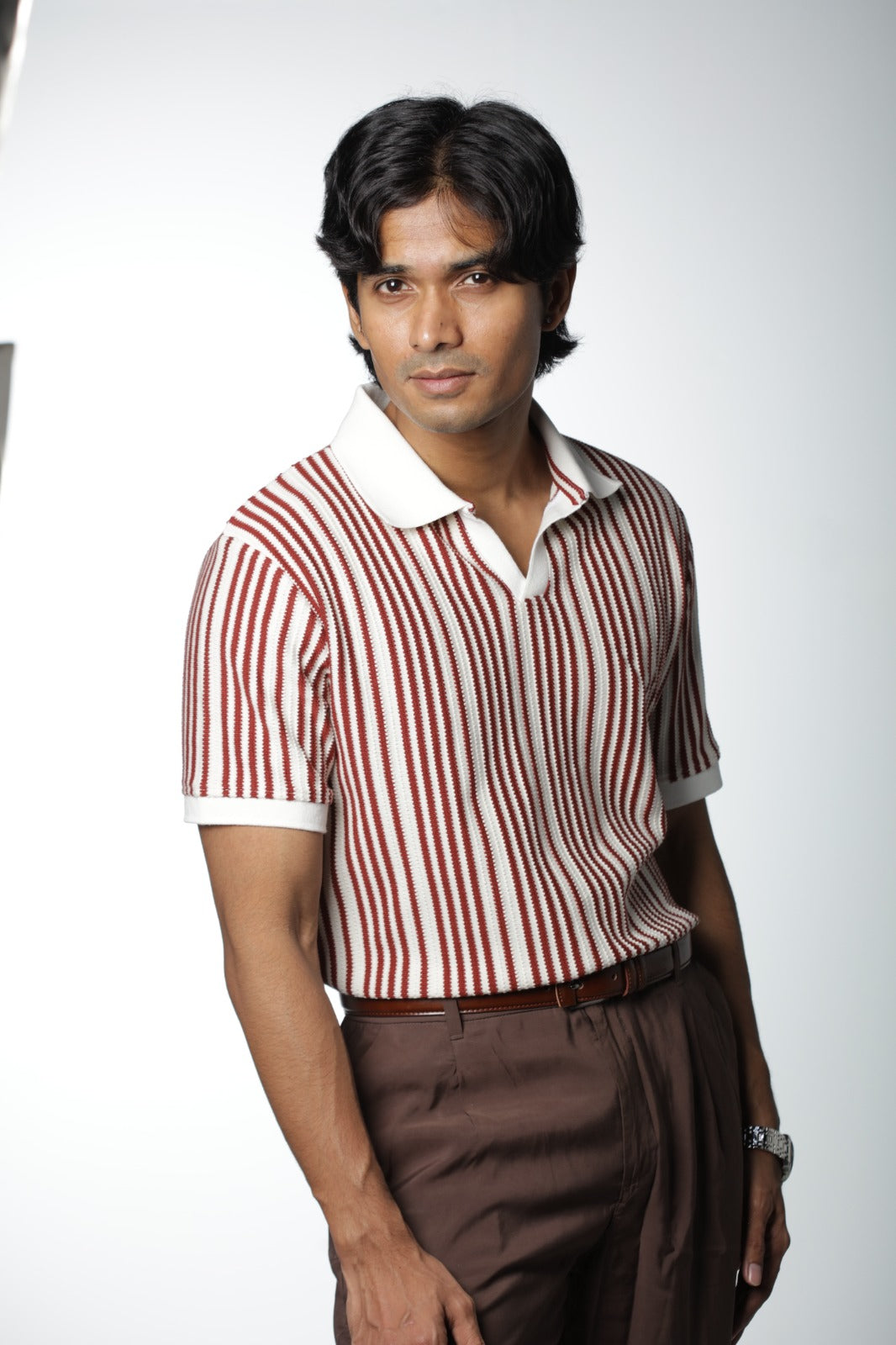 Knitted Polo - Maroon & White Stripe