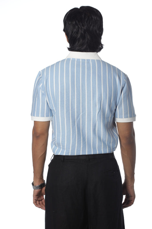 Sky & White – V-neck Stripe Polo Shirt