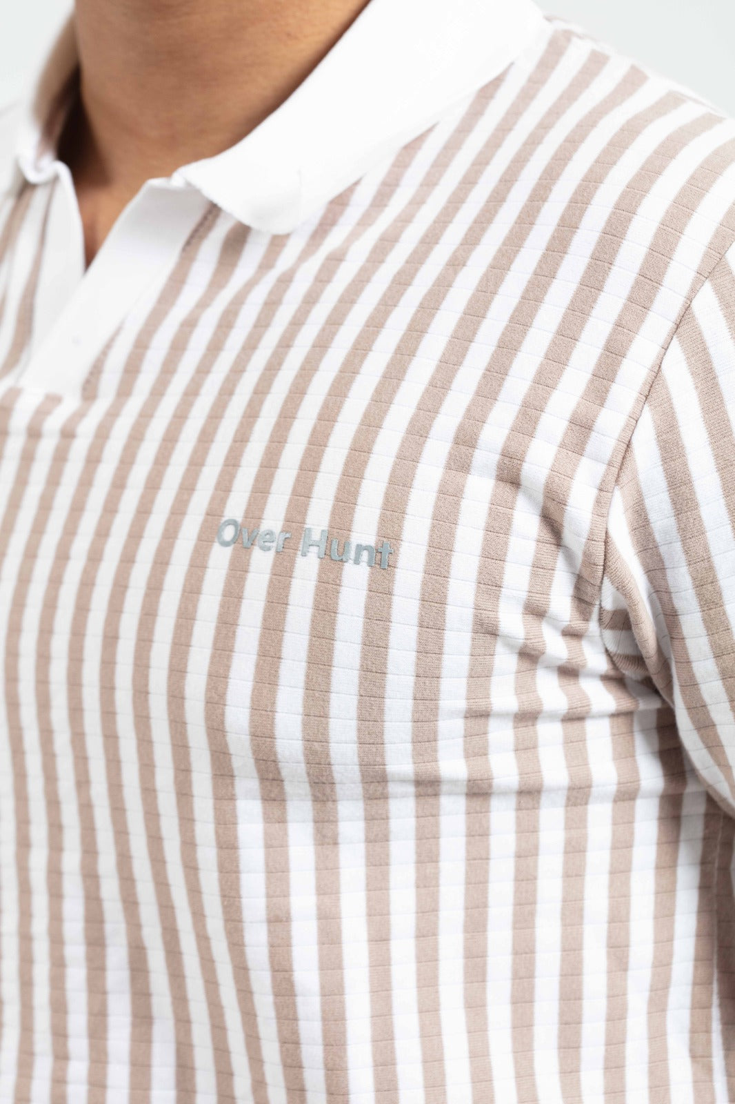 Light Coffee & White Stripe – V-neck Stripe Polo Shirt