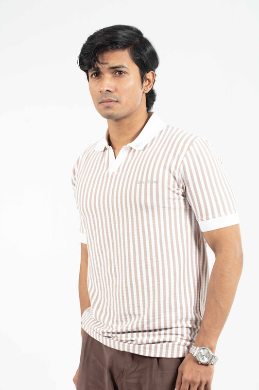 Light Coffee & White Stripe – V-neck Stripe Polo Shirt