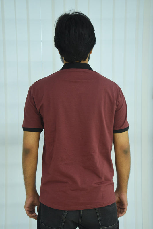 Maroon – V-neck Contrast Polo Shirt