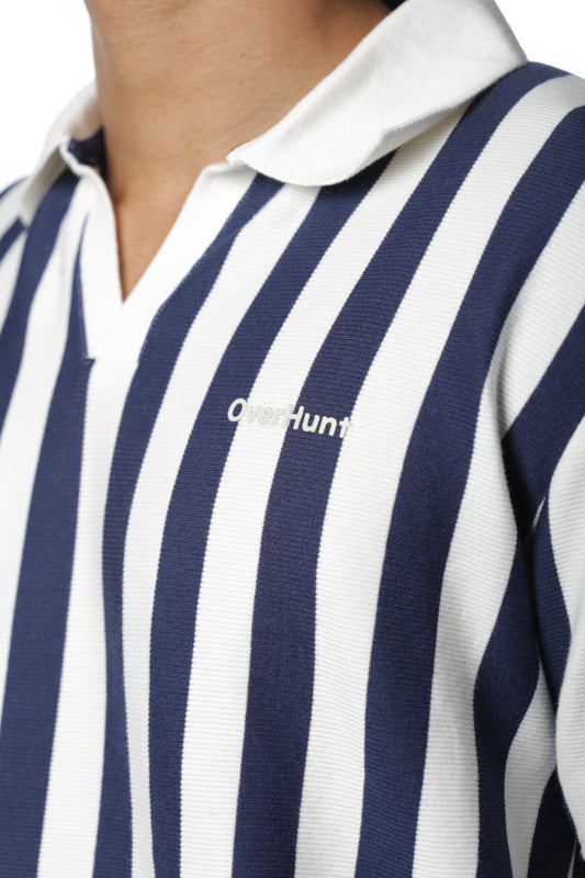 Navy Blue & White – V-neck Stripe Polo Shirt