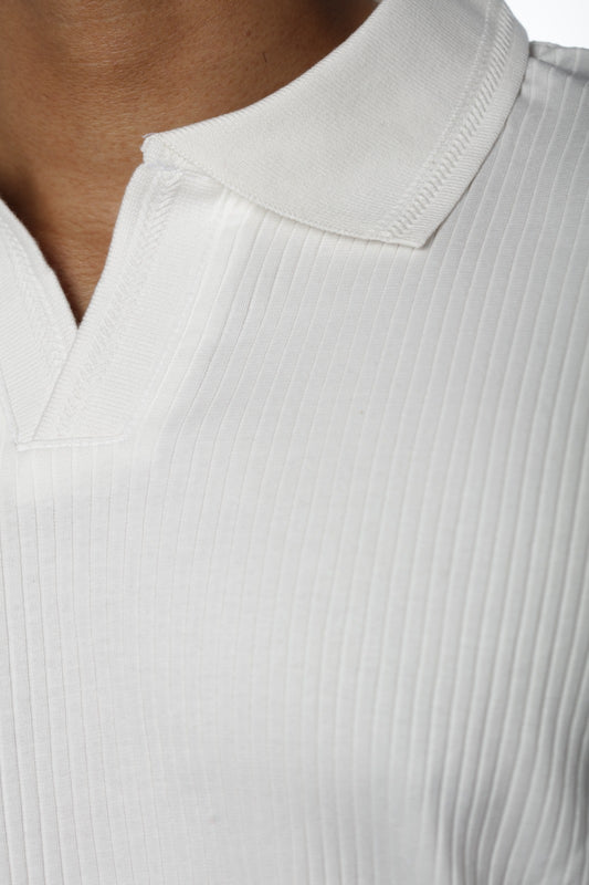 White – V-neck Textured Polo Shirt