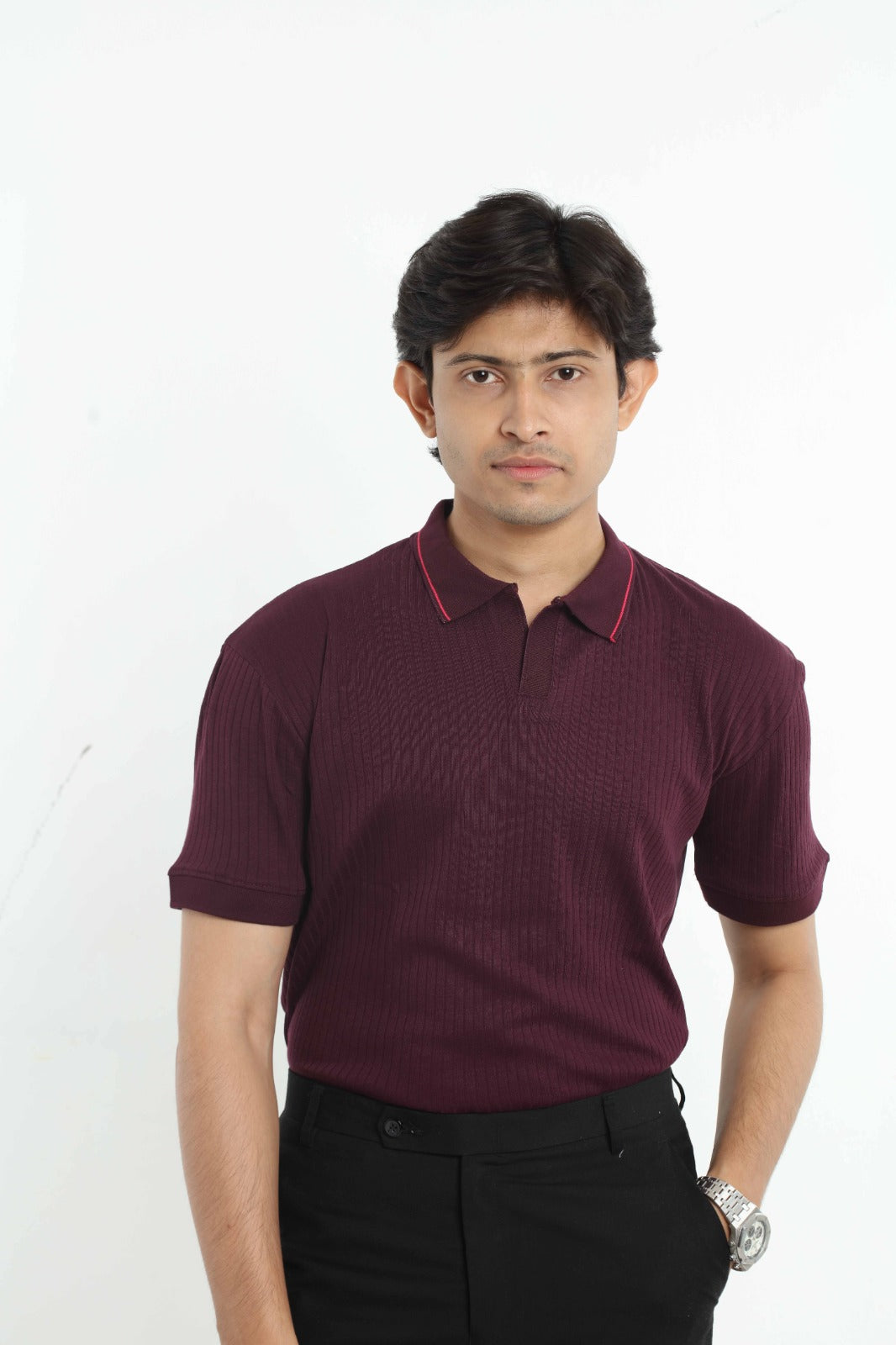 Relax Maroon – V-neck Stripe Polo Shirt