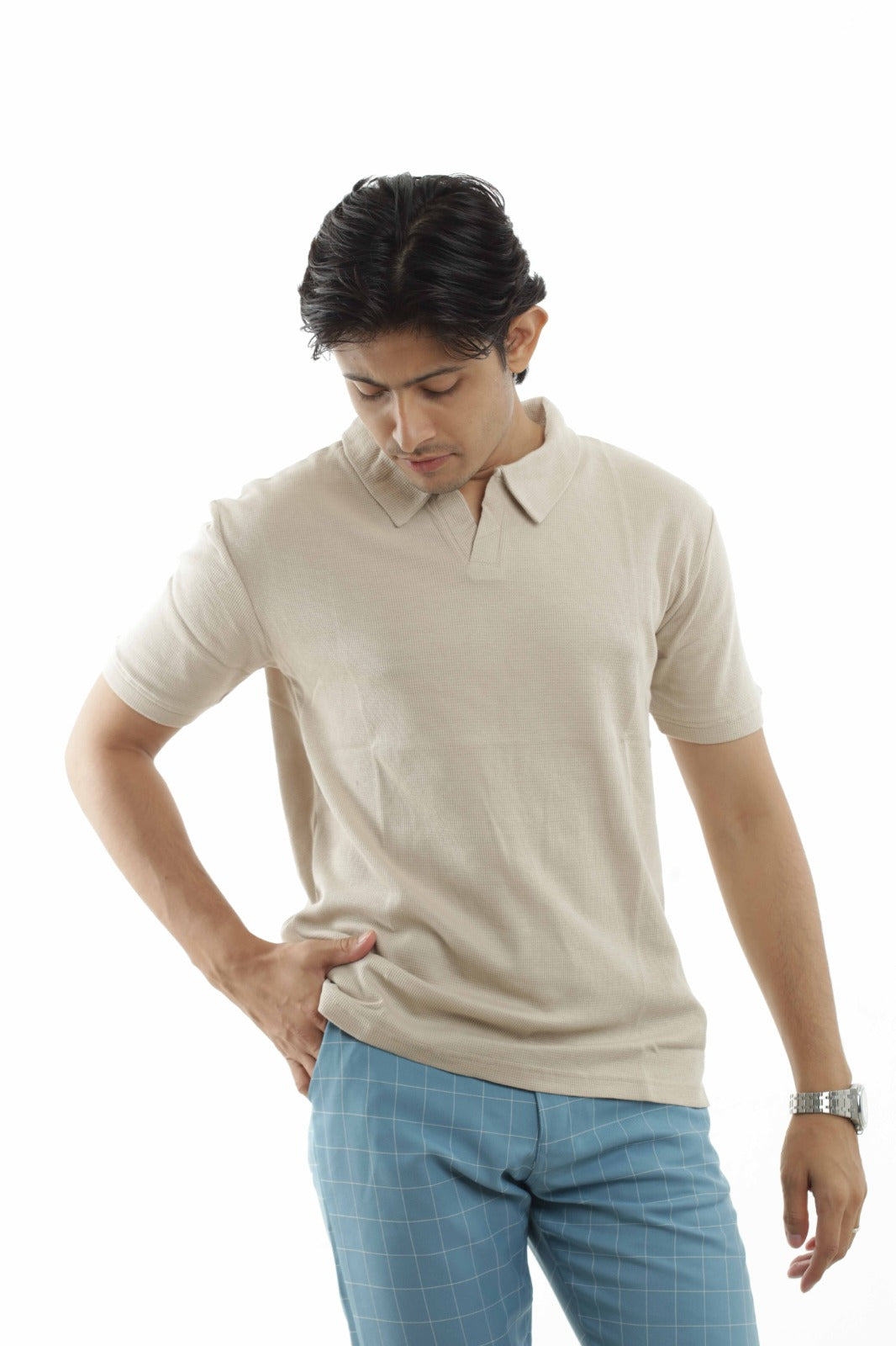 Beige – V-neck Polo Shirt