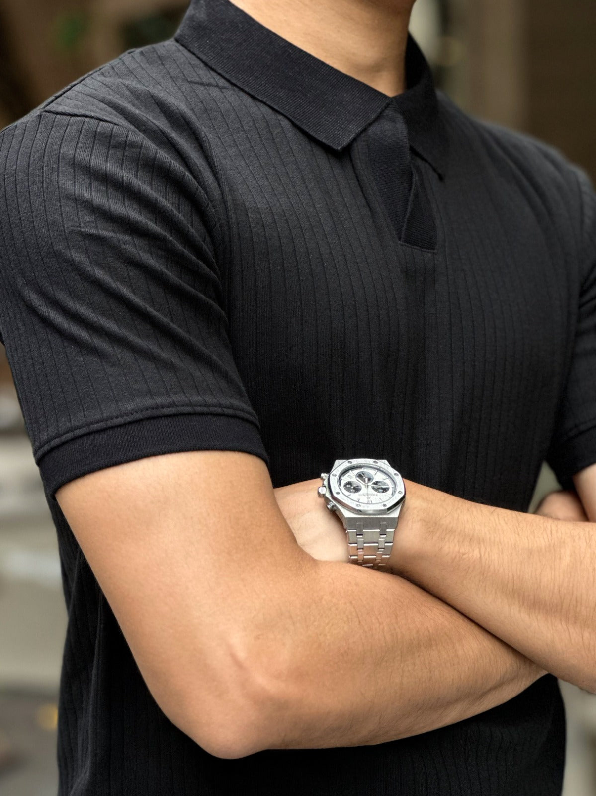 Black – V-neck Textured Polo Shirt