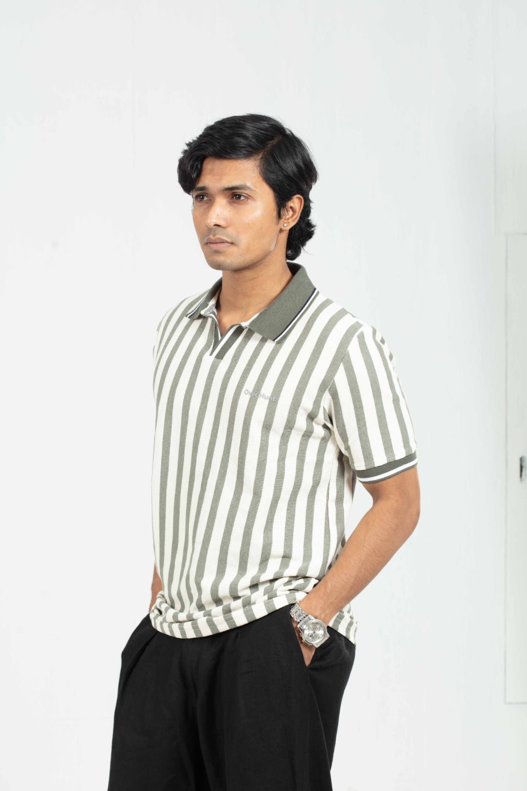 Olive & White – V-neck Stripe Polo Shirt