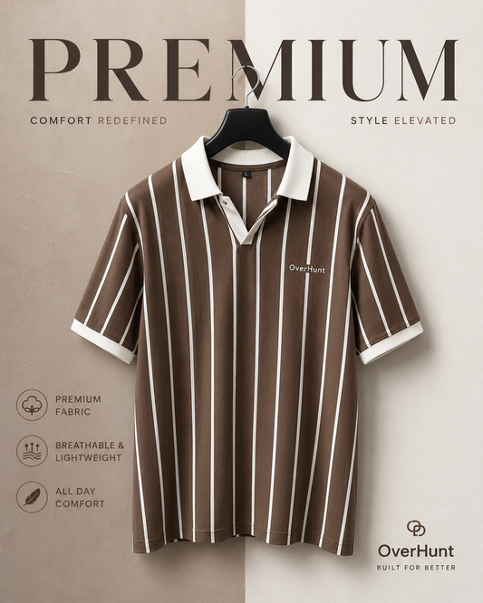 Coffee & White Stripe V-neck Polo