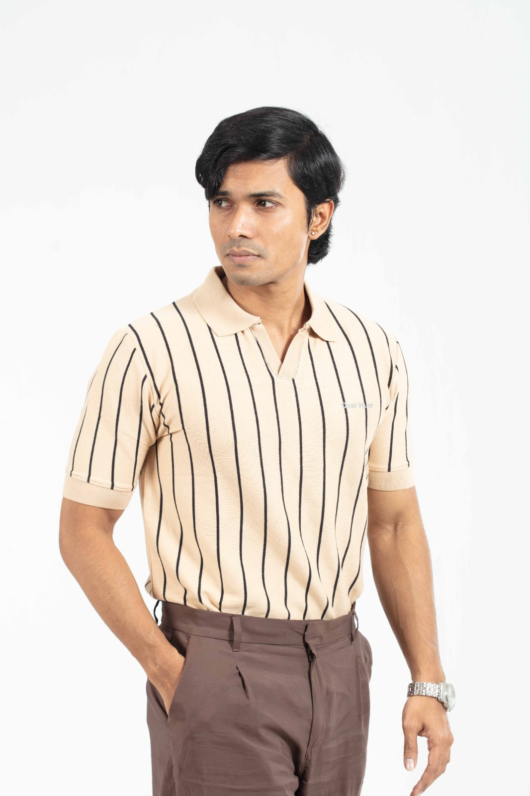 Brown & Black – V-neck Stripe Polo Shirt