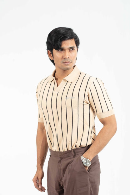 Brown & Black – V-neck Stripe Polo Shirt