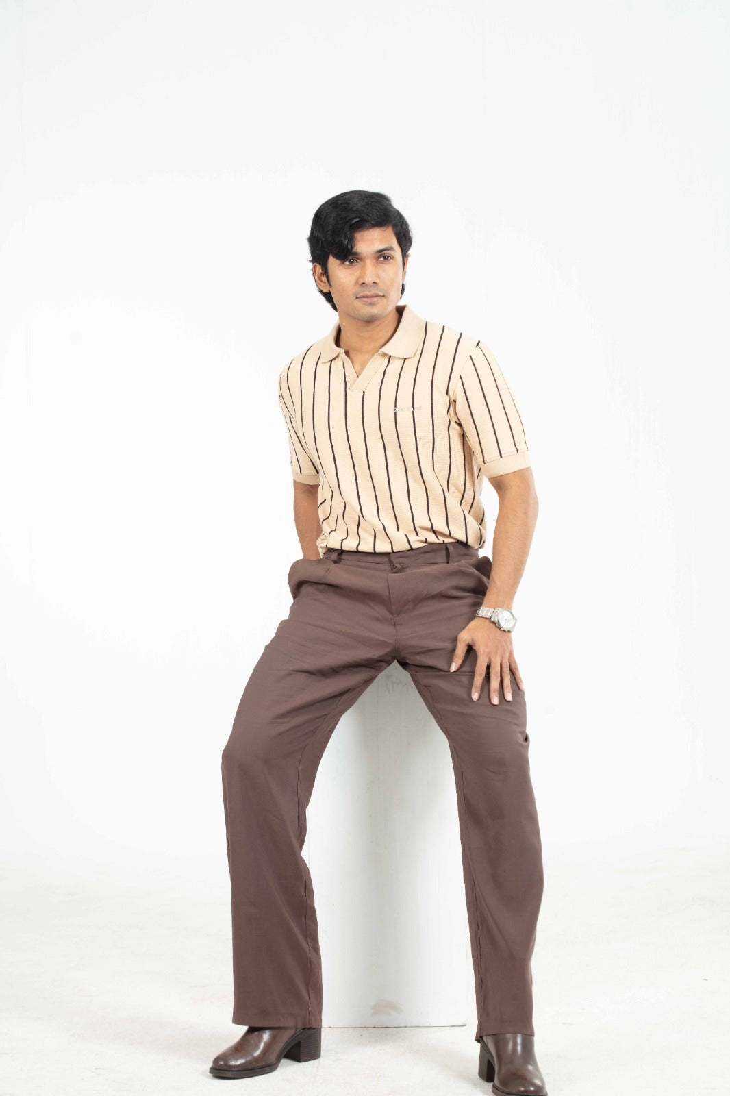 Brown & Black – V-neck Stripe Polo Shirt