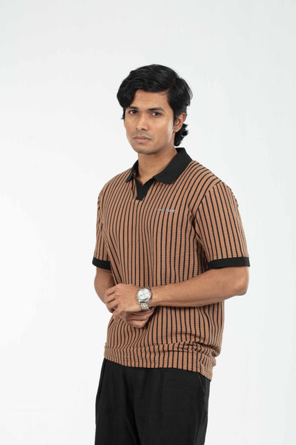 Coffee & Black – V-neck Stripe Polo Shirt