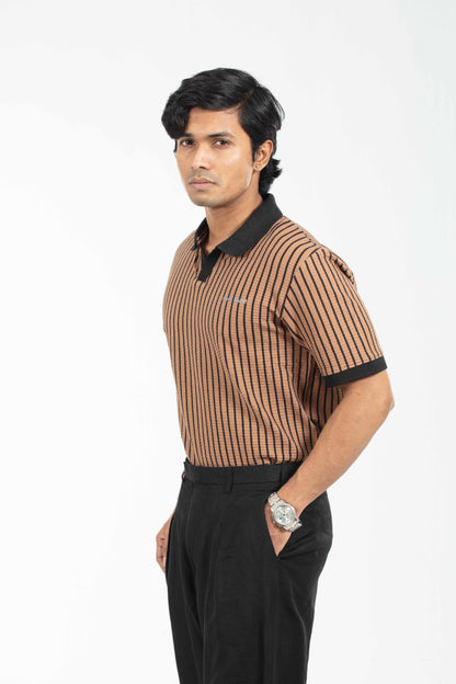 Coffee & Black – V-neck Stripe Polo Shirt