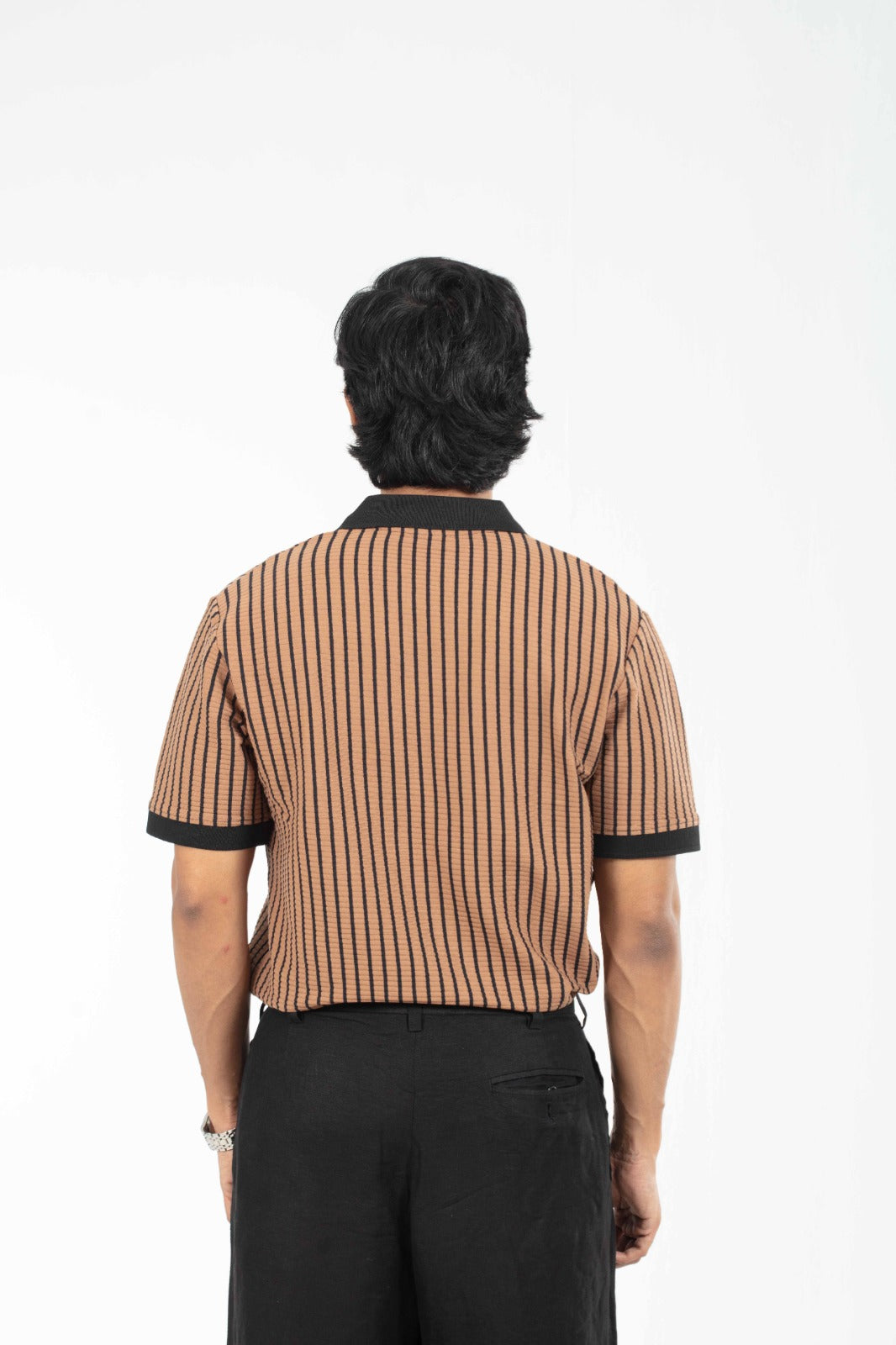 Coffee & Black – V-neck Stripe Polo Shirt