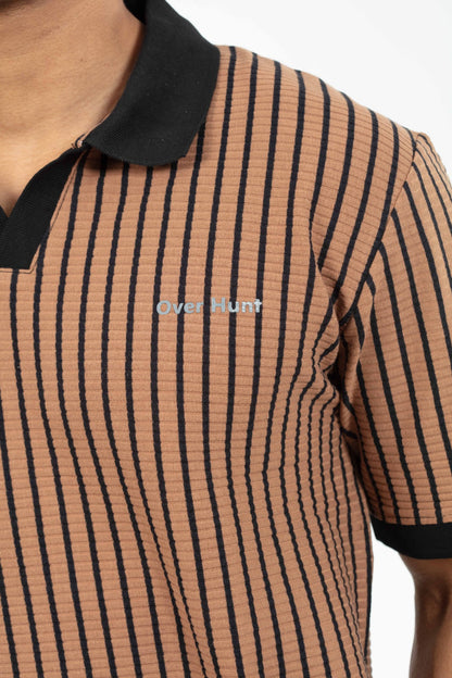 Coffee & Black – V-neck Stripe Polo Shirt