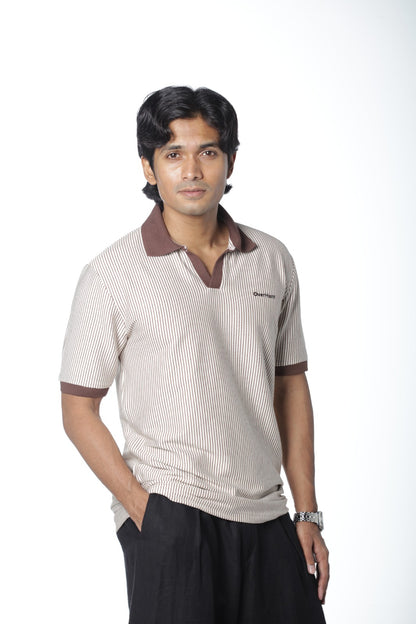 Contrast Coffee Stripe – V-neck Polo Shirt