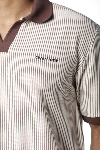 Contrast Coffee Stripe – V-neck Polo Shirt