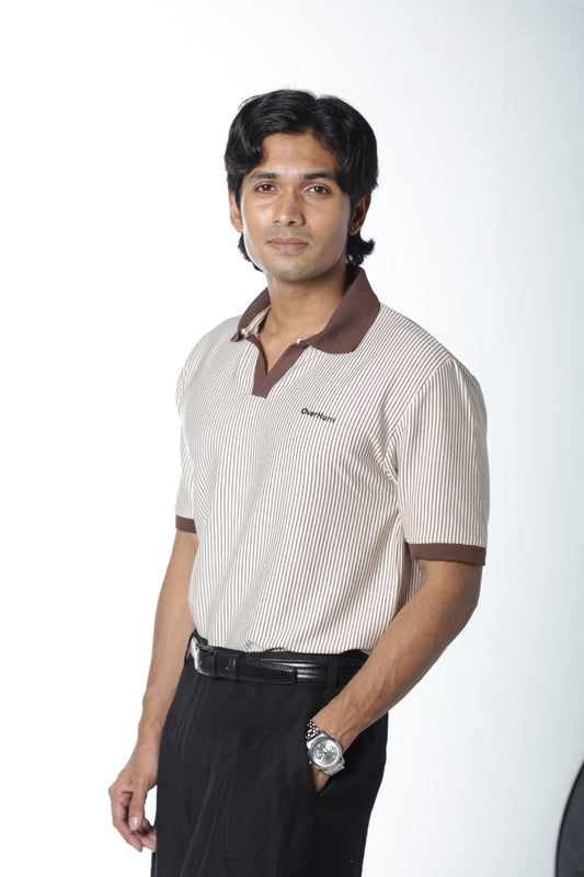 Contrast Coffee Stripe – V-neck Polo Shirt