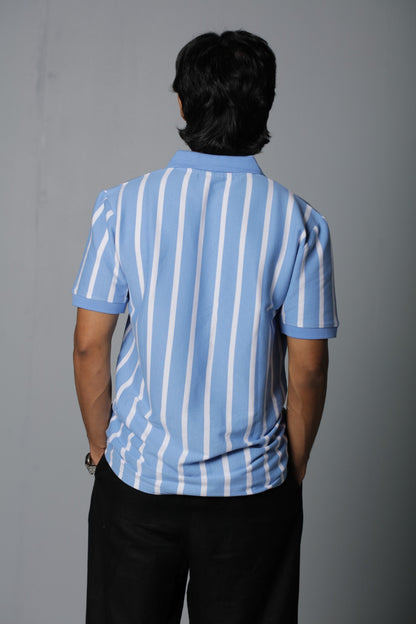 Deep Sky & White – V-neck Stripe Polo Shirt