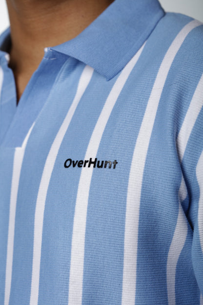 Deep Sky & White – V-neck Stripe Polo Shirt