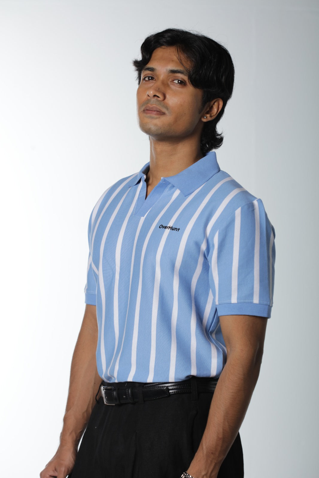 Deep Sky & White – V-neck Stripe Polo Shirt