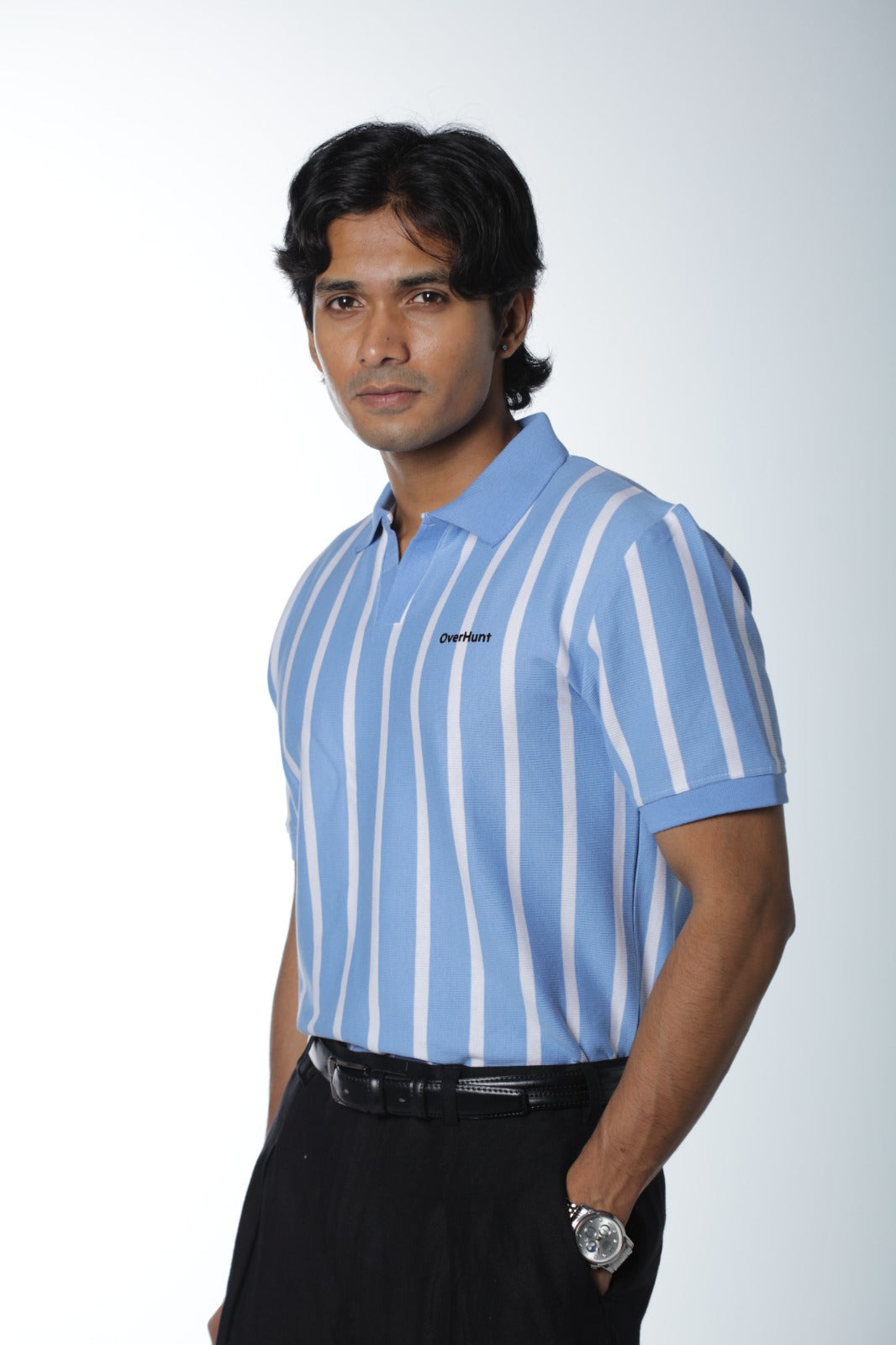 Deep Sky & White – V-neck Stripe Polo Shirt