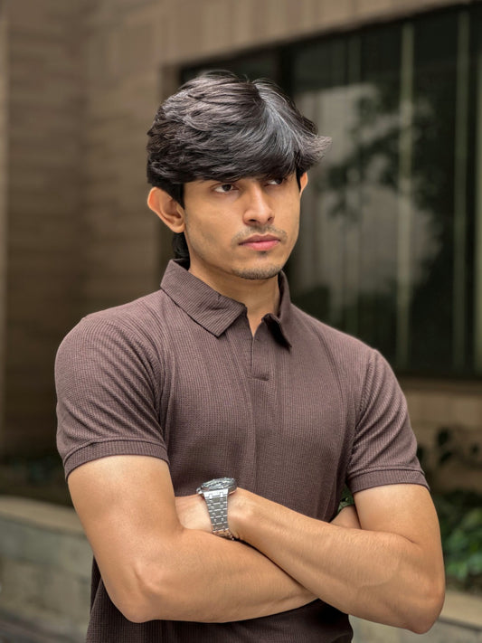 Coffee – V-neck Waffle Polo Shirt