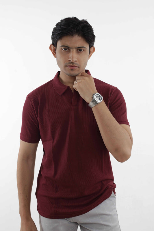 Maroon – V-neck Waffle Polo Shirt