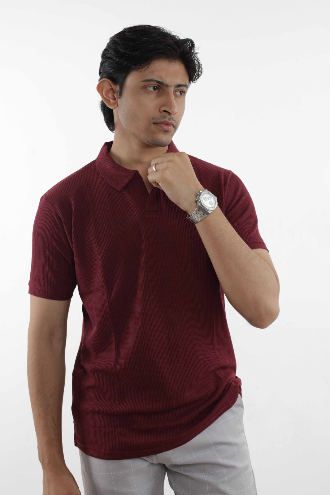 Maroon – V-neck Waffle Polo Shirt