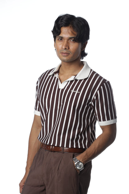 Stripe Polo - Coffee & White