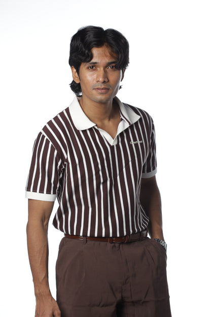 Stripe Polo - Coffee & White