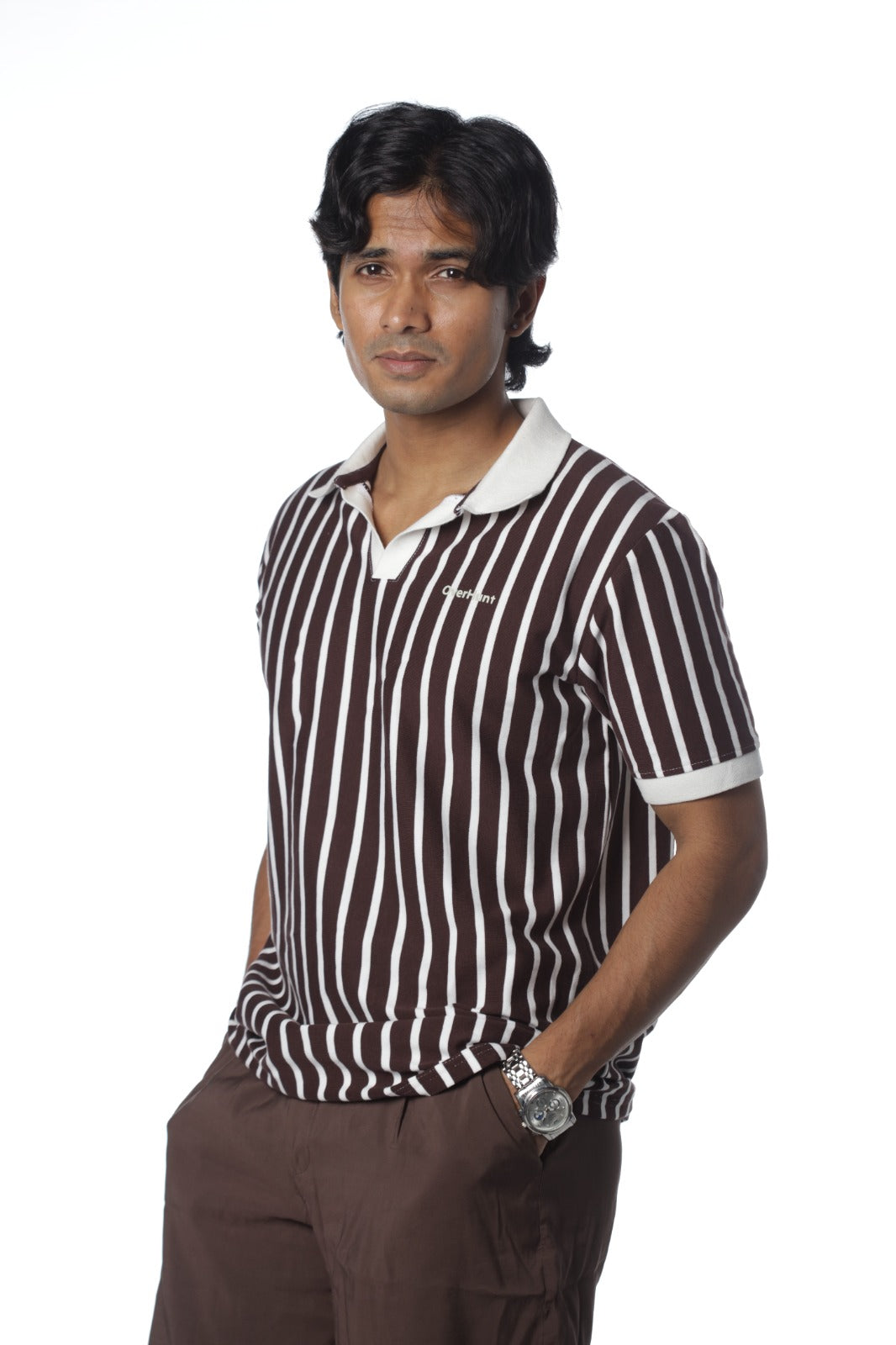 Stripe Polo - Coffee & White