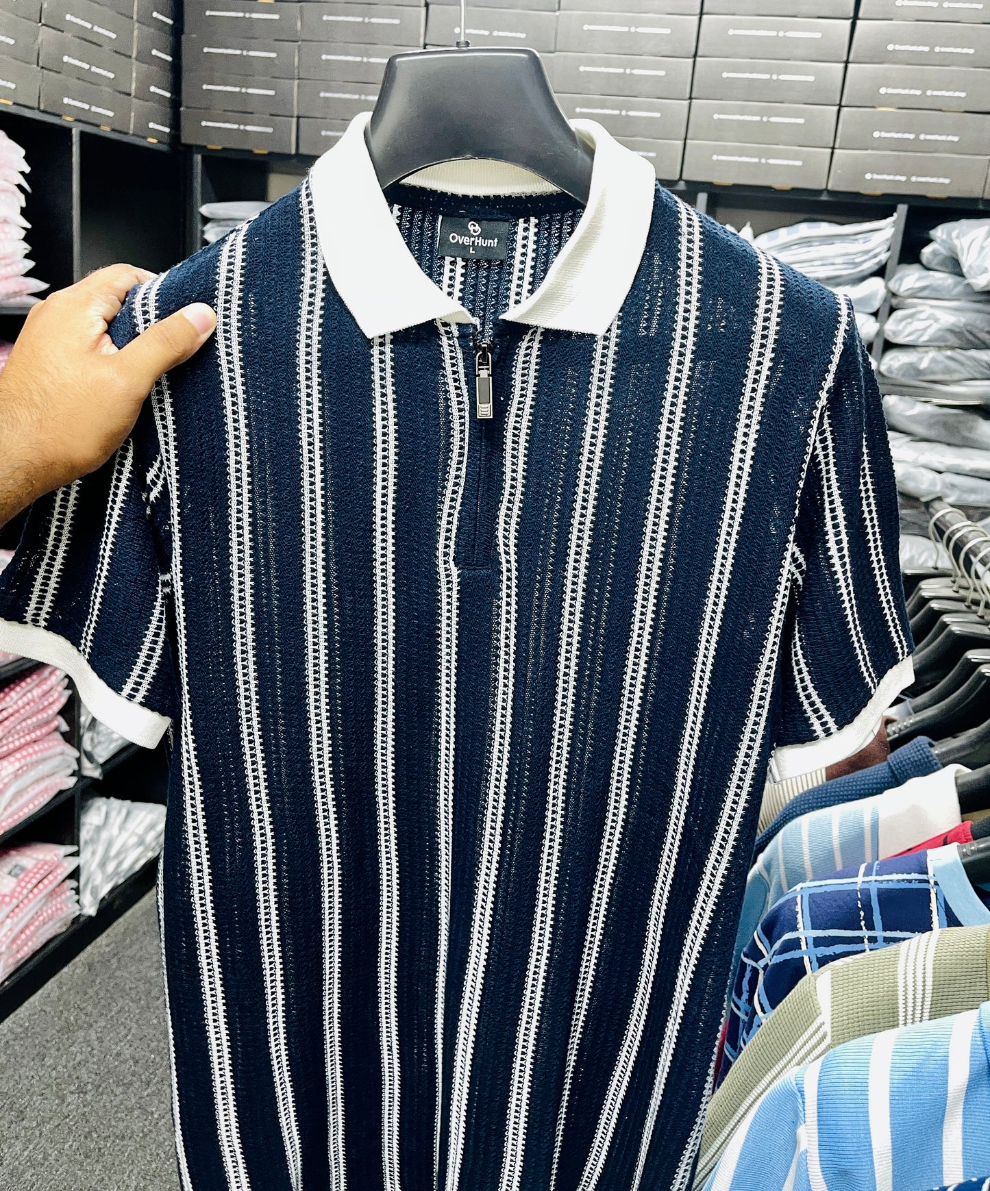 Zipper Polo - Knit Blue & White