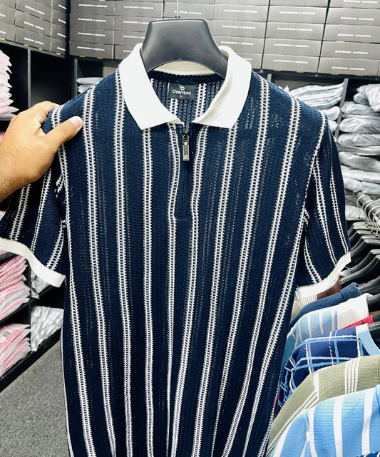 Zipper Polo - Knit Blue & White