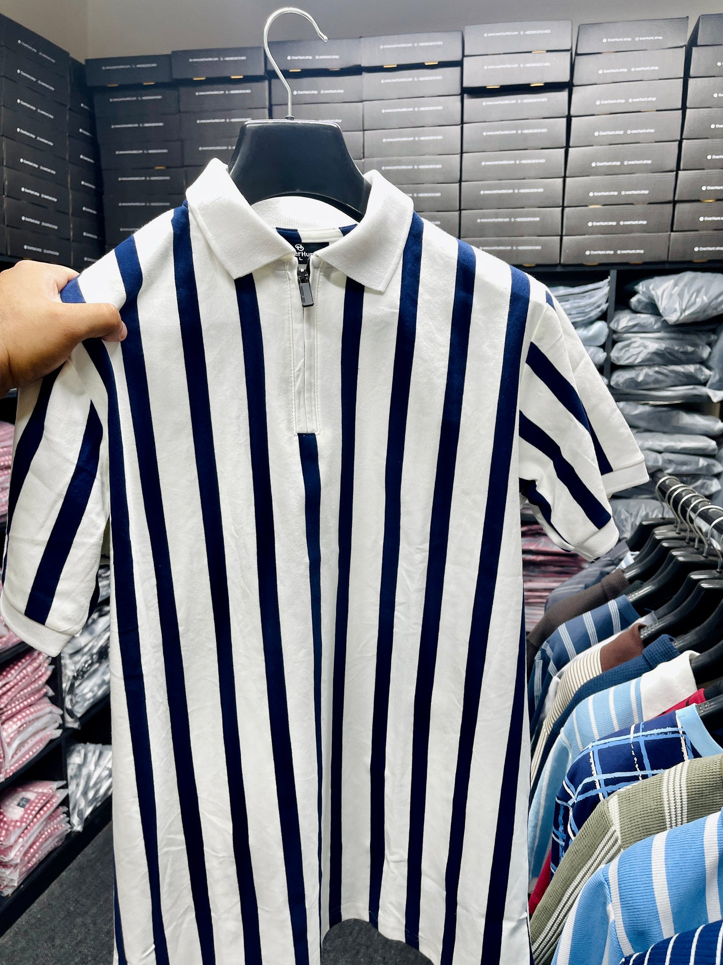 Zipper Polo - Navy Blue & White Stripe