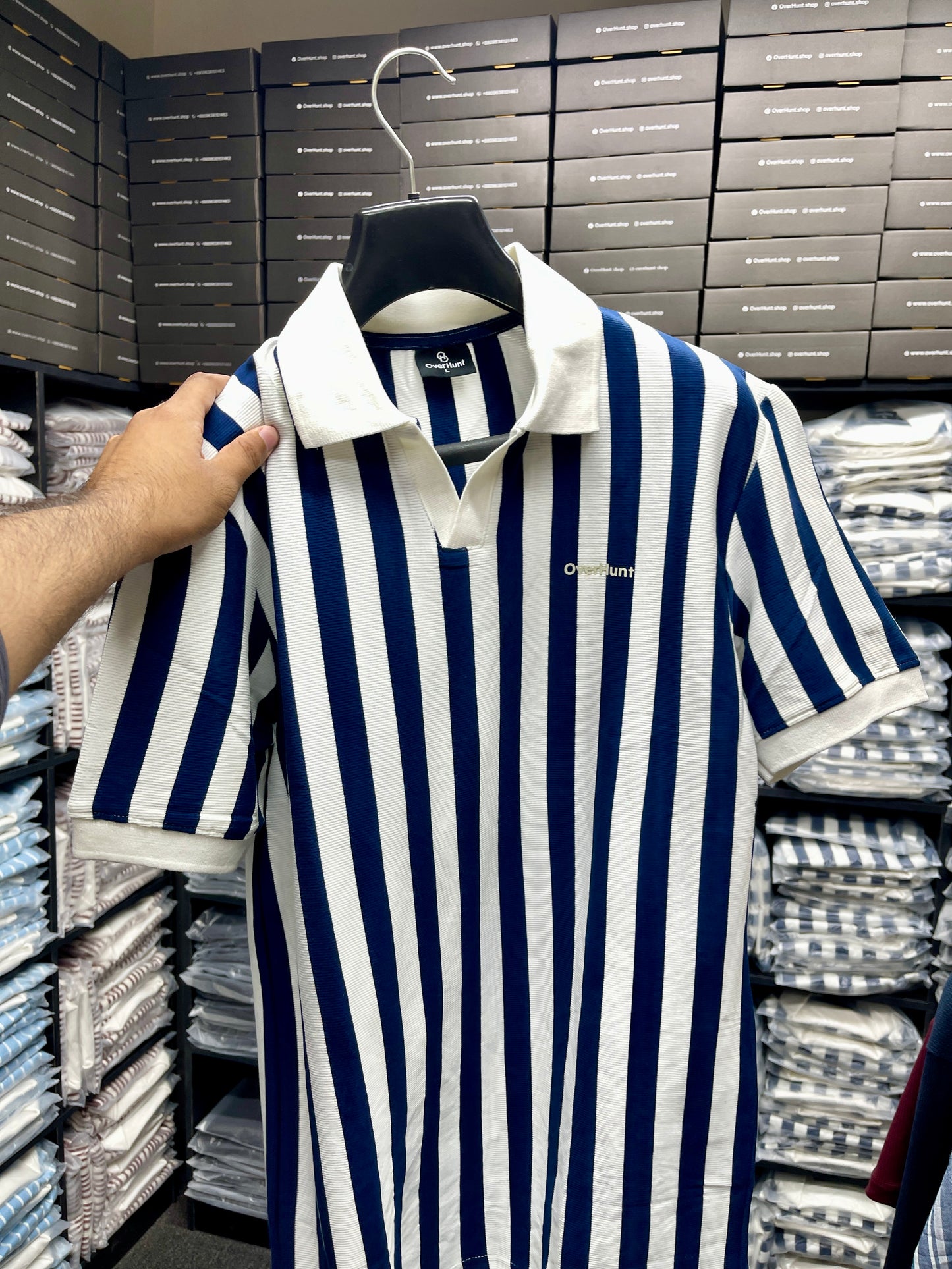 Navy Blue & White – V-neck Stripe Polo Shirt