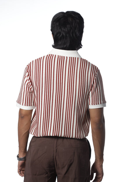 Knitted Polo - Maroon & White Stripe
