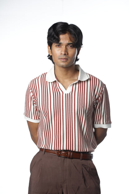 Knitted Polo - Maroon & White Stripe