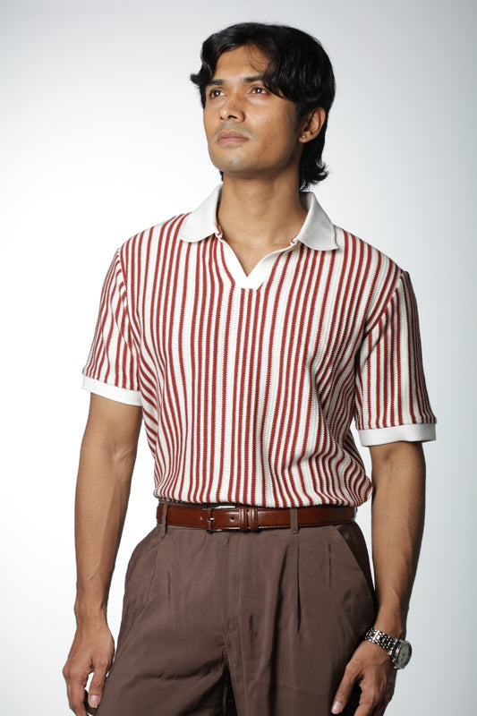 Knitted Polo - Maroon & White Stripe