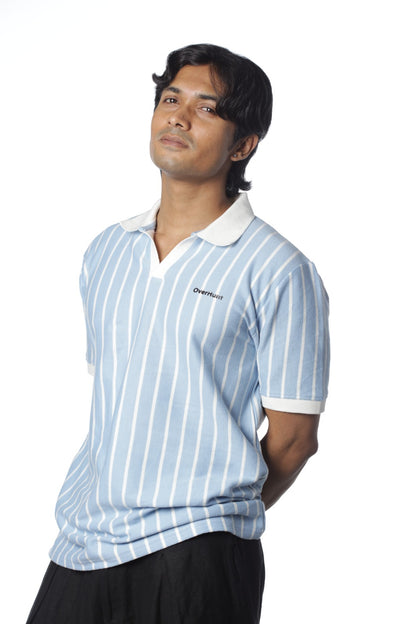 Sky & White – V-neck Stripe Polo Shirt