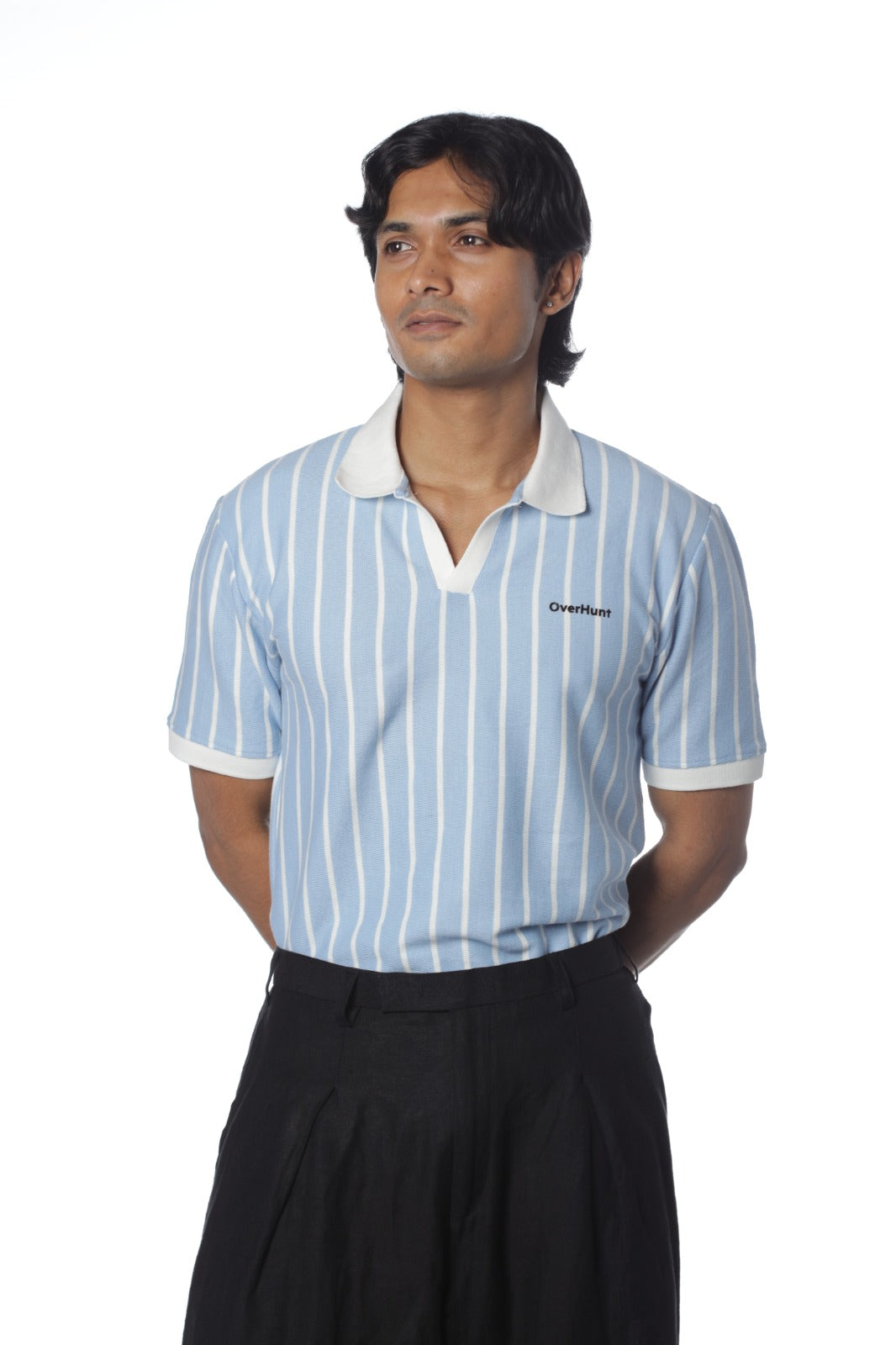Sky & White – V-neck Stripe Polo Shirt