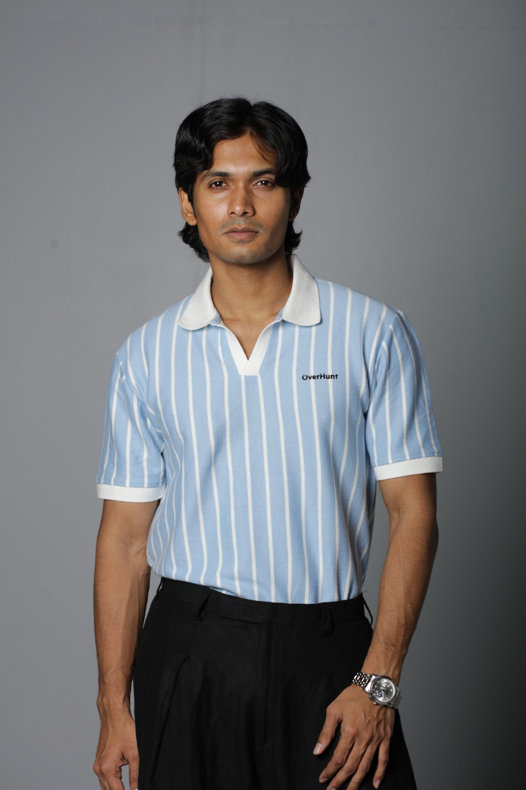 Sky & White – V-neck Stripe Polo Shirt