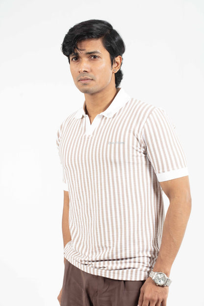 Light Coffee & White Stripe – V-neck Stripe Polo Shirt