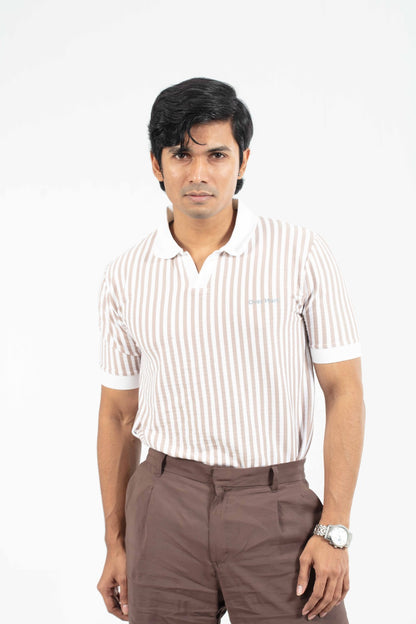 Light Coffee & White Stripe – V-neck Stripe Polo Shirt
